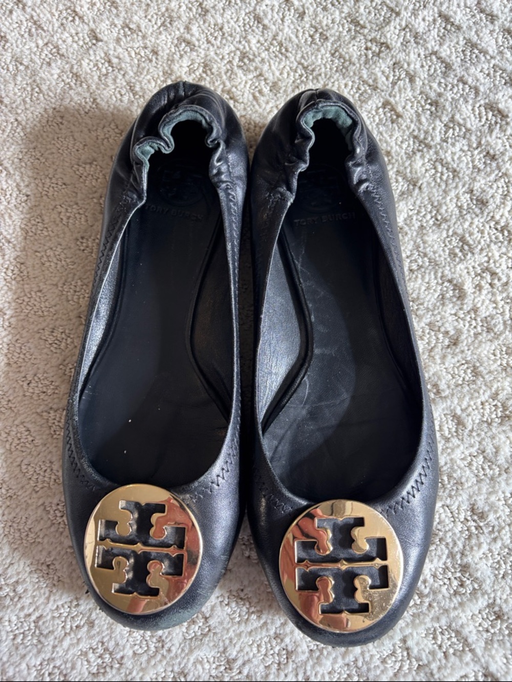 Tory Burch Black Leather Ballet Flats with Gold Logo Medallion